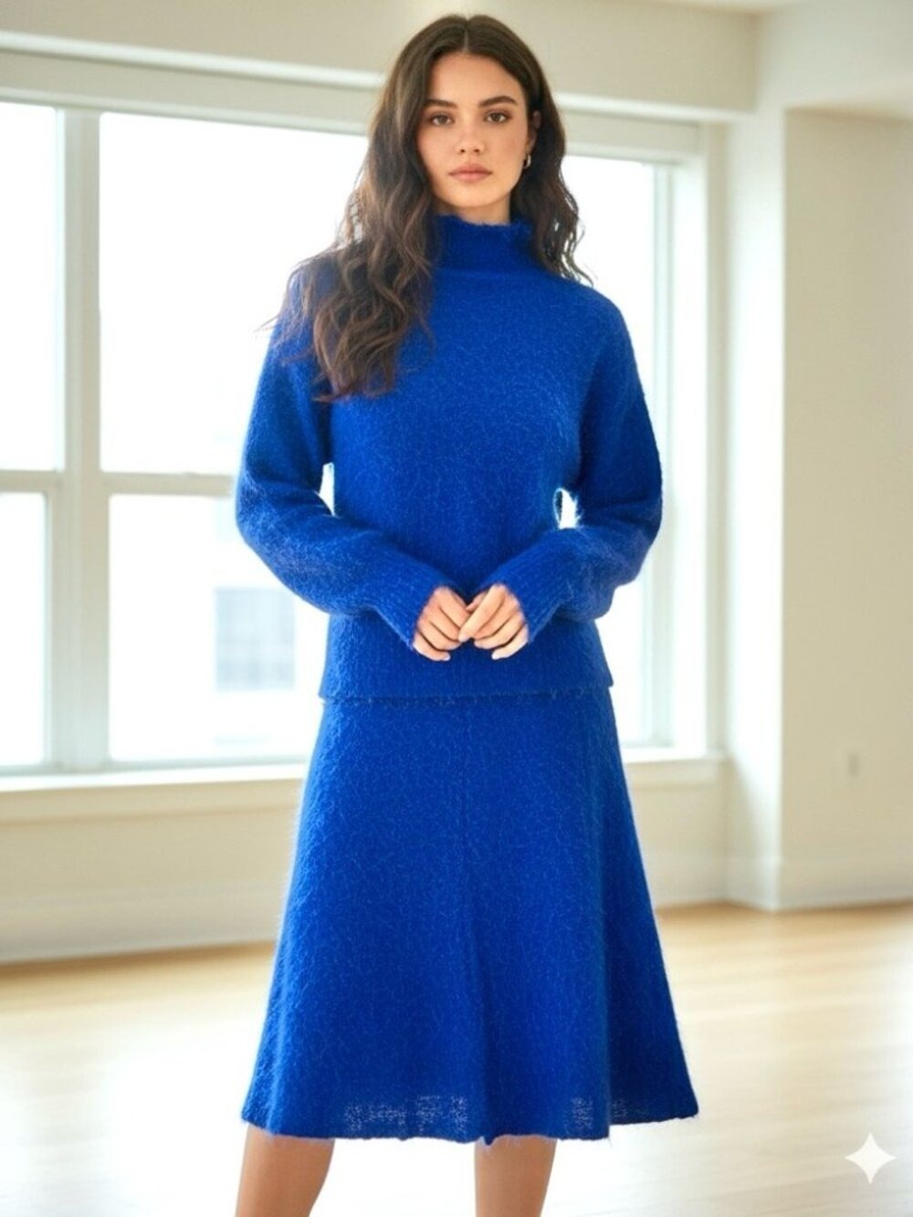 ** Hand Made Cobalt Blue Eyelash Knit Sweater Skirt Set Size S